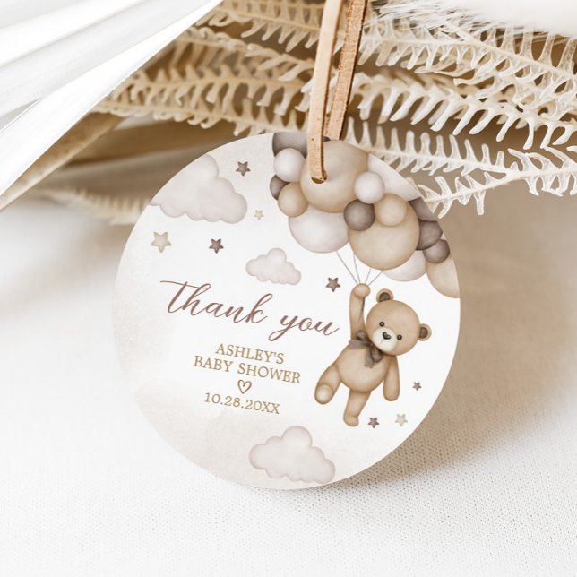Bear Balloon Baby Shower Round Gåvor Etiketter (Brown Bear Balloon Baby Shower Round Favor Tags)