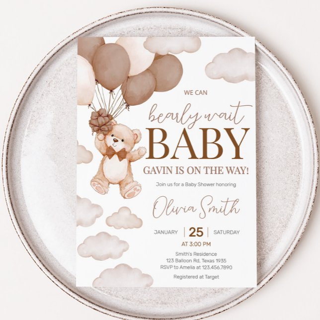 Bear Balloon Barly Wait Baby Shower Inbjudningar (Brown Bearly Wait Baby Bear Balloon Baby Shower Invitation
)