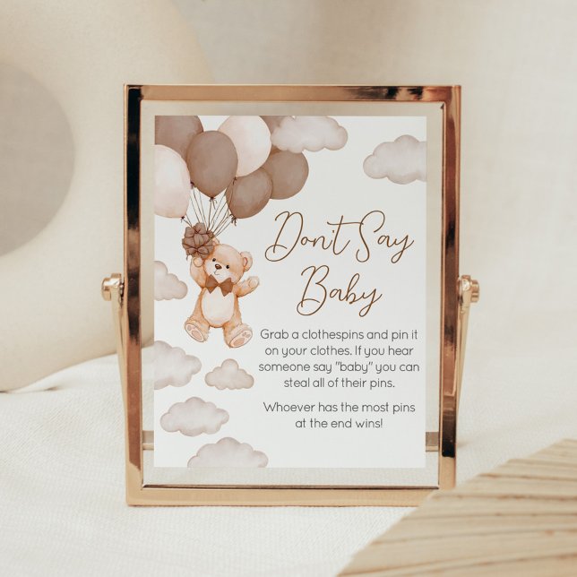 Bear Balloon Barly Wait Säg inte Baby Poster (Brown Baby Bear Balloon Baby Shower Don't Say Baby Sign)