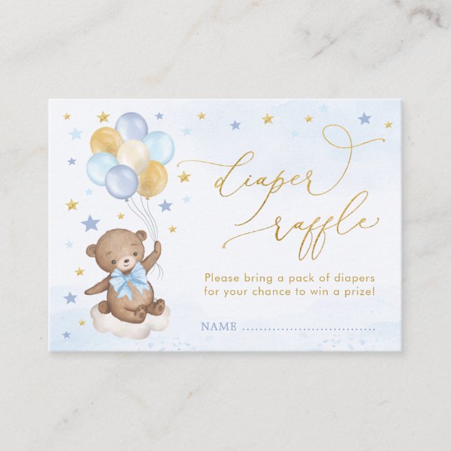 Bear Balloon Blue Guld Stars Bokar för Pojke Tilläggskort (Framsida)