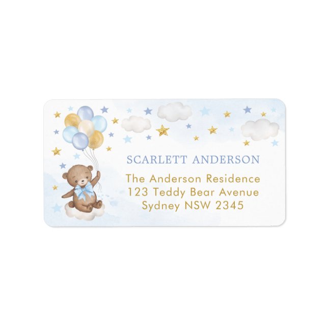 Bear Balloon Blue Guld Twinkle Star-Returadress Adressetikett (Framsidan)