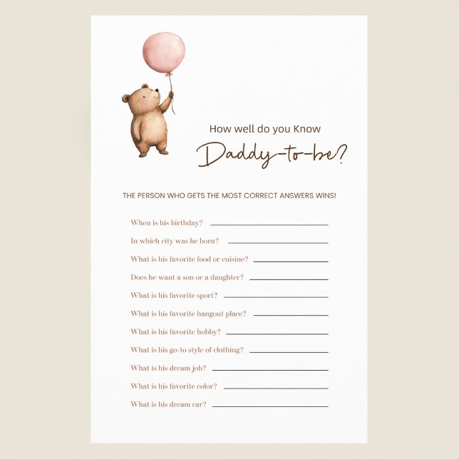 Bear Balloon Daddy Trivia Baby Shower Game Flygblad (Skapare uppladdad)