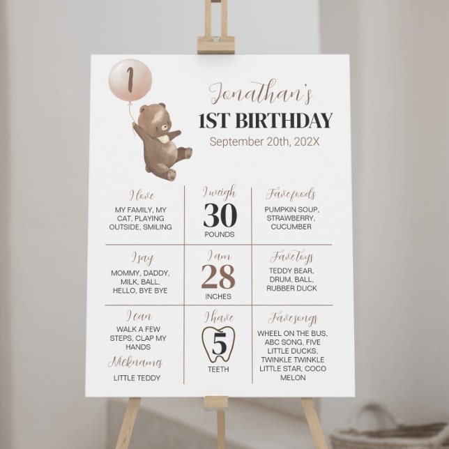 Bear Balloon First Birthday Milestone Sign Poster (Skapare uppladdad)