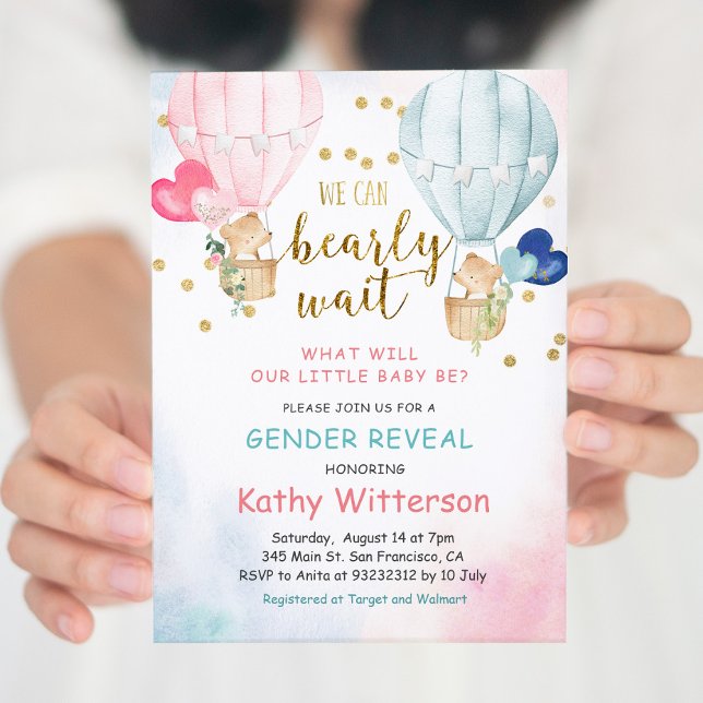 Bear Balloon Gender Reveal Baby Shower Invitation Inbjudningar (Skapare uppladdad)