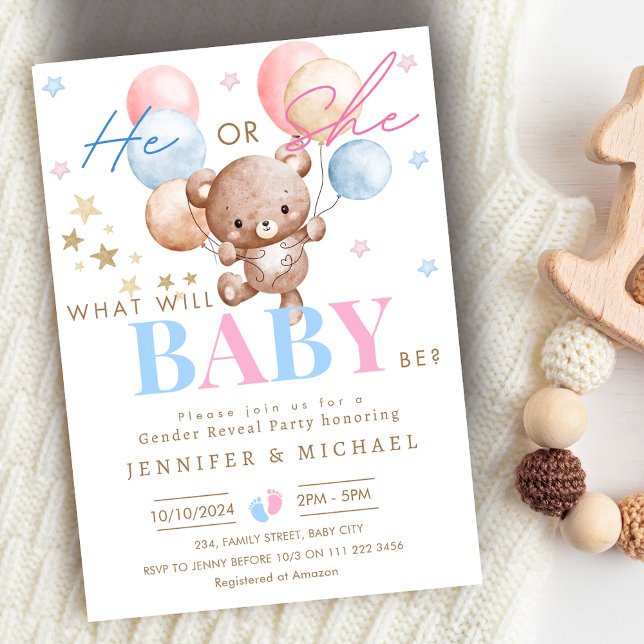 Bear Balloon Gender Reveal Party Boy eller Girl Inbjudningar (Bear Balloon Gender Reveal Party Boy or Girl Invitation)
