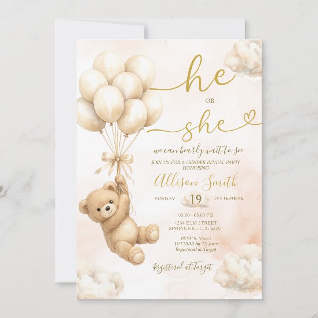 Bear Balloon He or She Gender Reveal Invitation Inbjudningar (Framsida)