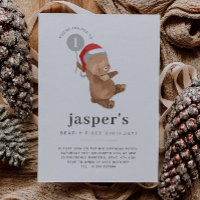 Bear Balloon Santa Hat First Birthday-inbjudan