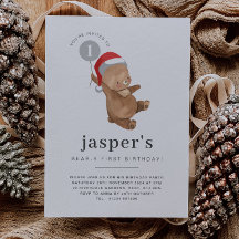 Bear Balloon Santa Hat First Birthday-inbjudan