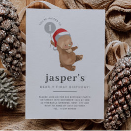 Bear Balloon Santa Hat First Birthday-inbjudan Inbjudningar