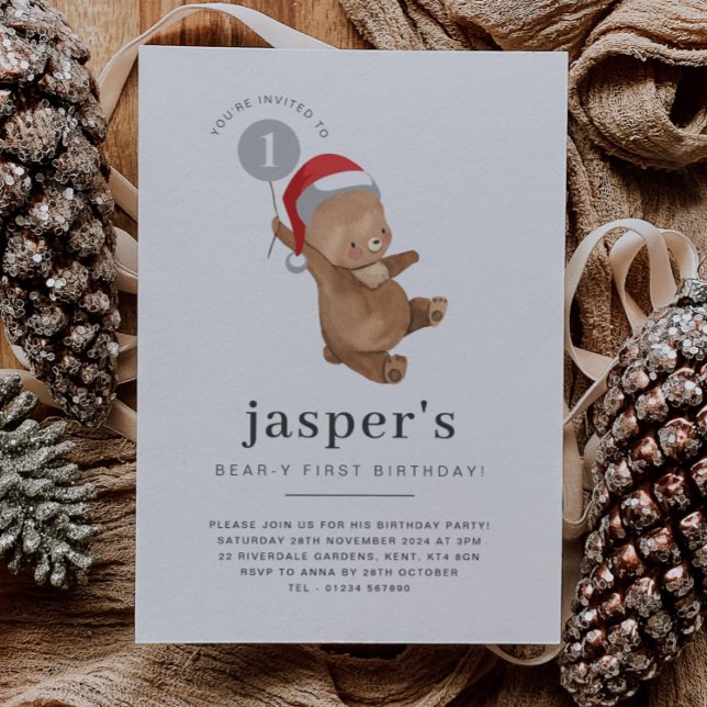 Bear Balloon Santa Hat First Birthday-inbjudan Inbjudningar (Bear Balloon Santa Hat First Birthday Invitation)