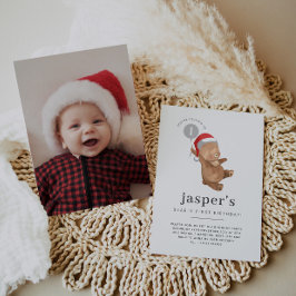 Bear Balloon Santa Hat First Birthday Photo Inbjudningar
