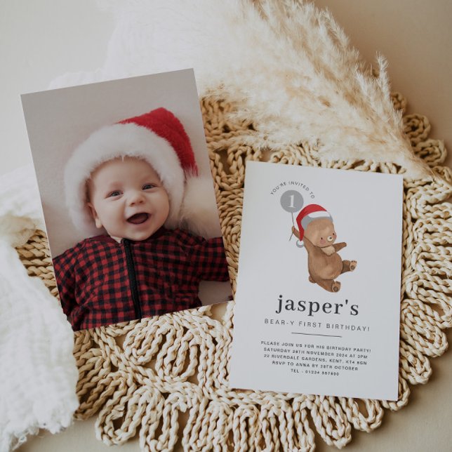 Bear Balloon Santa Hat First Birthday Photo Inbjudningar (Zazzle Bear Balloon Santa Hat First Birthday Photo Invitation)