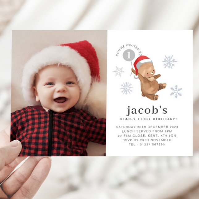 Bear Balloon Santa Hat First Birthday Photo Inbjudningar (Bear Balloon Santa Hat First Birthday Photo Invitation )