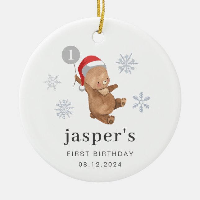 Bear Balloon Santa Hat Julgransprydnad Keramik (Framsidan)