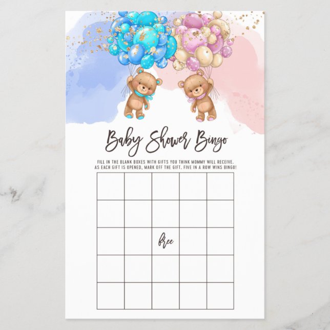 Bear Balloons Baby Bingo, Gender Reveal Bingo Game Flygblad (Framsidan)