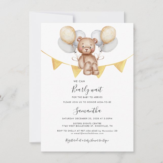 Bear Balloons Modern Baby Shower Inbjudningar (Framsida)