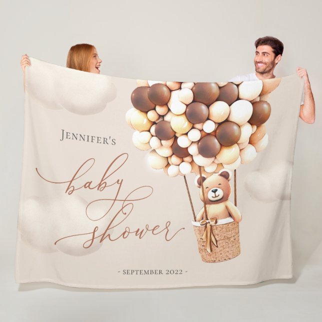 Bear Balloons Neutralt Virtuell Shower BackDrop Fl Fleecefilt (På plats)