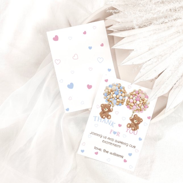 Bear balloons rosa blue Baby Shower Gender Reveal Tack Kort (Skapare uppladdad)