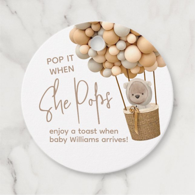 Bear Balloy Modern Baby Shower pop det när Gåvor Etiketter (Framsida)