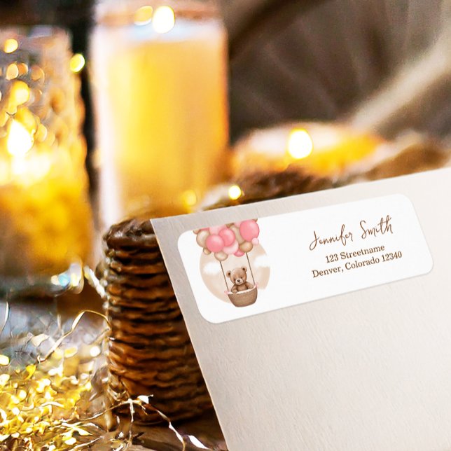 Bear Balloy Rosa Boho Barly Wait Baby Shower Returadress Etikett (Skapare uppladdad)