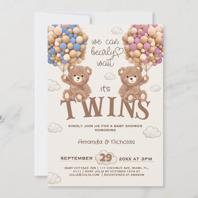 Bear Balloys Barly Wait Twillingars babydusch Inbjudningar (Framsida)