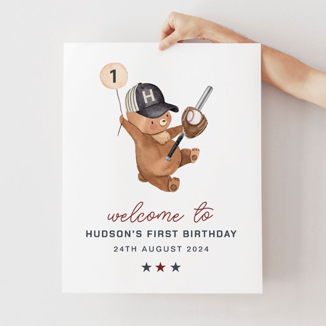 Bear Banner 1:a födelsedagen - Välkomsttecken Poster (1st Birthday Baseball Bear Banner - Welcome Sign)