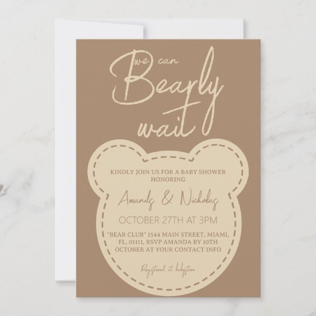 Bear Barly Wait Modern Ivory Brown Baby Shower Inbjudningar (Framsida)