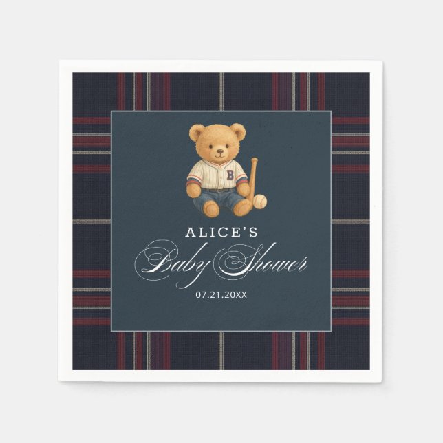 Bear Baseball Navy Blue Baby Shower Napkins Pappersservett (Framsidan)