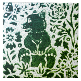 Bear Batik Modern Grönt Blue Blommigt Woodland Kakelplatta