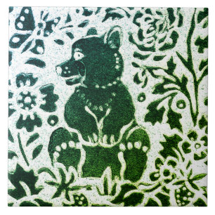 Bear Batik Modern Grönt Blue Blommigt Woodland Kakelplatta