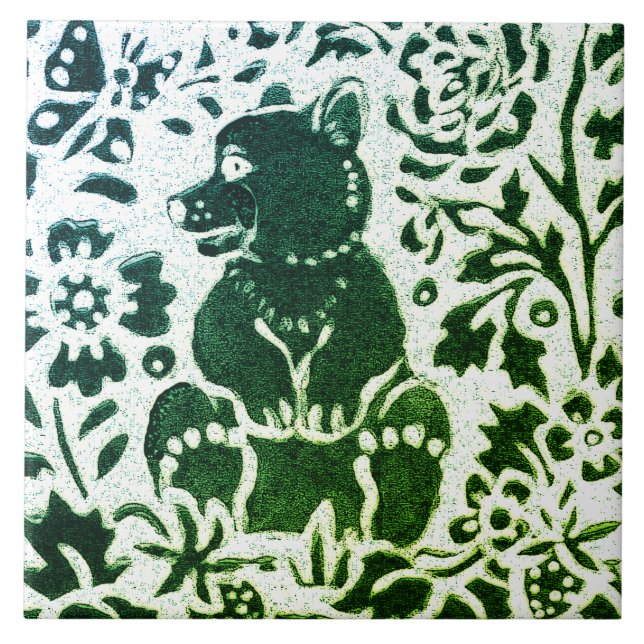 Bear Batik Modern Grönt Blue Blommigt Woodland Kakelplatta (Framsidan)