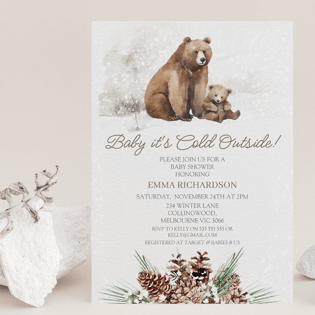 Bear Bear Unge Winter Baby Shower-inbjudan Inbjudningar (Brown bear and cub baby it's cold out there baby shower invitation great for a gender neutral shower)