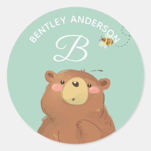 Bear Bee Alphabet Monogram Cute School Daycare Runt Klistermärke