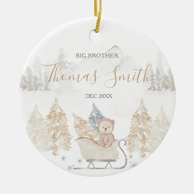 Bear Big Brother Winter Woodland Mountain Ceramic Julgransprydnad Keramik (Framsidan)