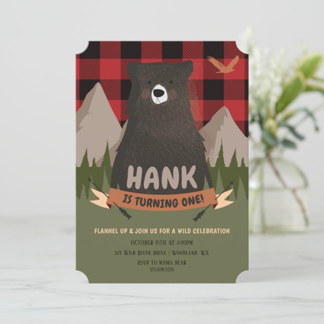 Bear Birthday bjudande, Lumberjack plaid inbjudan (Stående Fram)