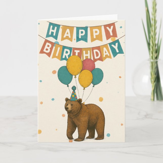 Bear Birthday Card - Cute Party Bear med ballonger Kort (Framsida)