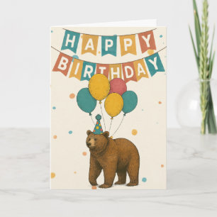 Bear Birthday Card - Cute Party Bear med ballonger Kort