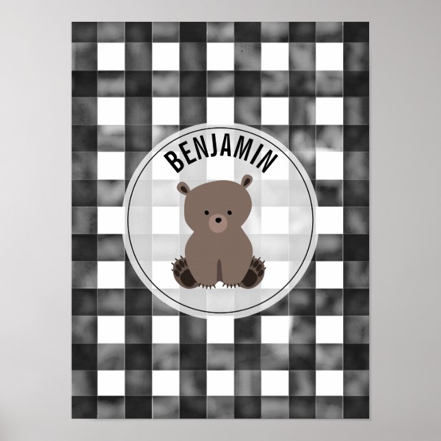 Bear Black + White Gingham Baby Nursery Poster (Framsidan)