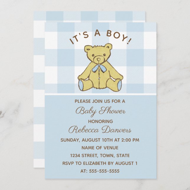 Bear Blue Baby Shower-inbjudan för pojke Inbjudningar (Fram/baksida)