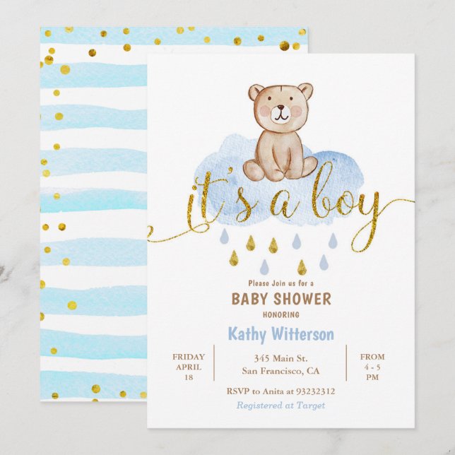 Bear Blue Cloud Baby Shower-inbjudan Inbjudningar (Fram/baksida)