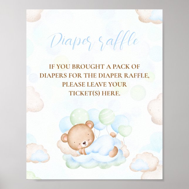 Bear Blue Grönt Boy Shower Diaper Raffle Sign Poster (Framsidan)