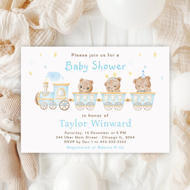 Bear Blue Tåg Baby Shower Inbjudningar (Skapare uppladdad)