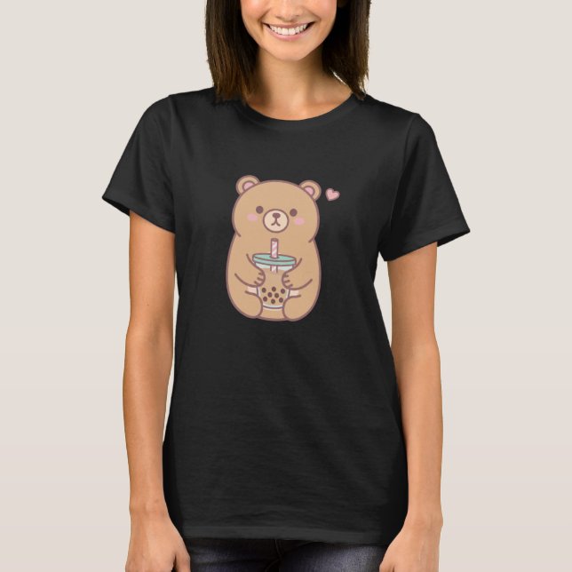 Bear Boba Buddy Kawaii Bear Drinking Bubble Tea T Shirt (Framsida)