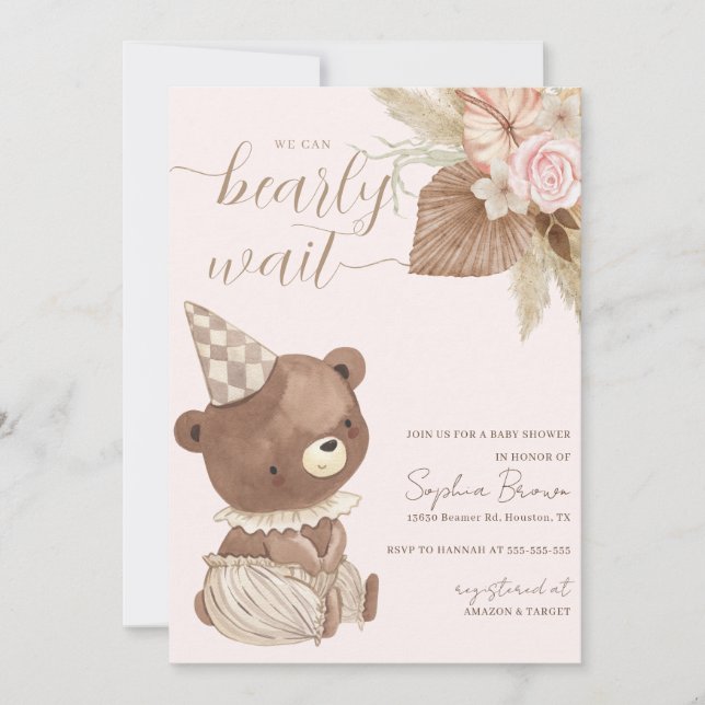Bear & Boho Flowers Gender Neutral Baby Shower Inbjudningar (Framsida)
