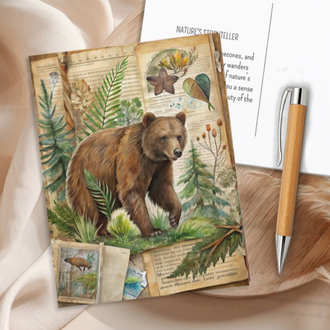Bear Botanian Vintage Antique Woodland Natature Vykort (Bear wildlife junk journal page postcard)