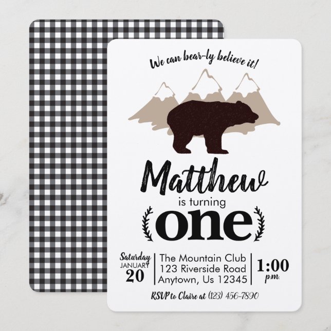 Bear Boy First Birthday Lumberjack Kraft Inbjudningar (Fram/baksida)