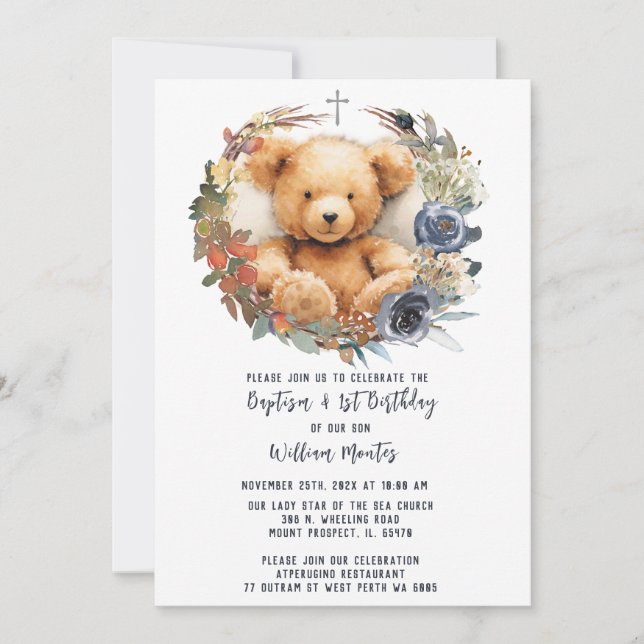 Bear Boy First Birthday och Baptism Inbjudningar (Framsida)