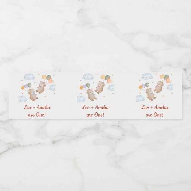 Bear Boy Girl-Twillingar - Första Födelsedagsfeste Vattenflaskor Etikett (Singel etikett)