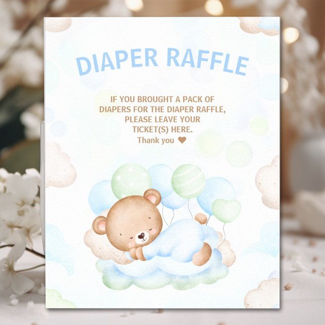 Bear Boy Shower Blue Grönt Diaper Raffle Sign Poster (Bear Boy Baby Shower Blue Green Diaper Raffle Sign)