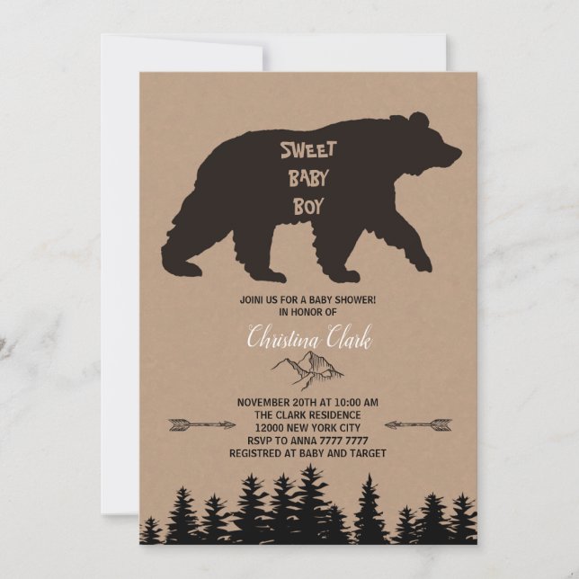 Bear Boy Shower Rustic Woodland Kraft Inbjudningar (Framsida)